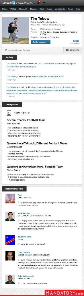Tim tebow linkedin page