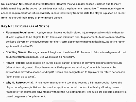 Screenshot 2025 11 01 at 19 00 42 NFL IR Rules No Retroactive Placement   Grok