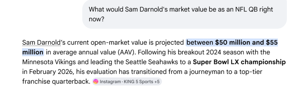 Screenshot 2026 07 29 at 22 08 21 What would Sam Darnolds market value be as an NFL QB right 