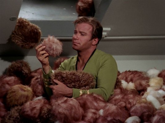 Kirk surrounded by Tribbles